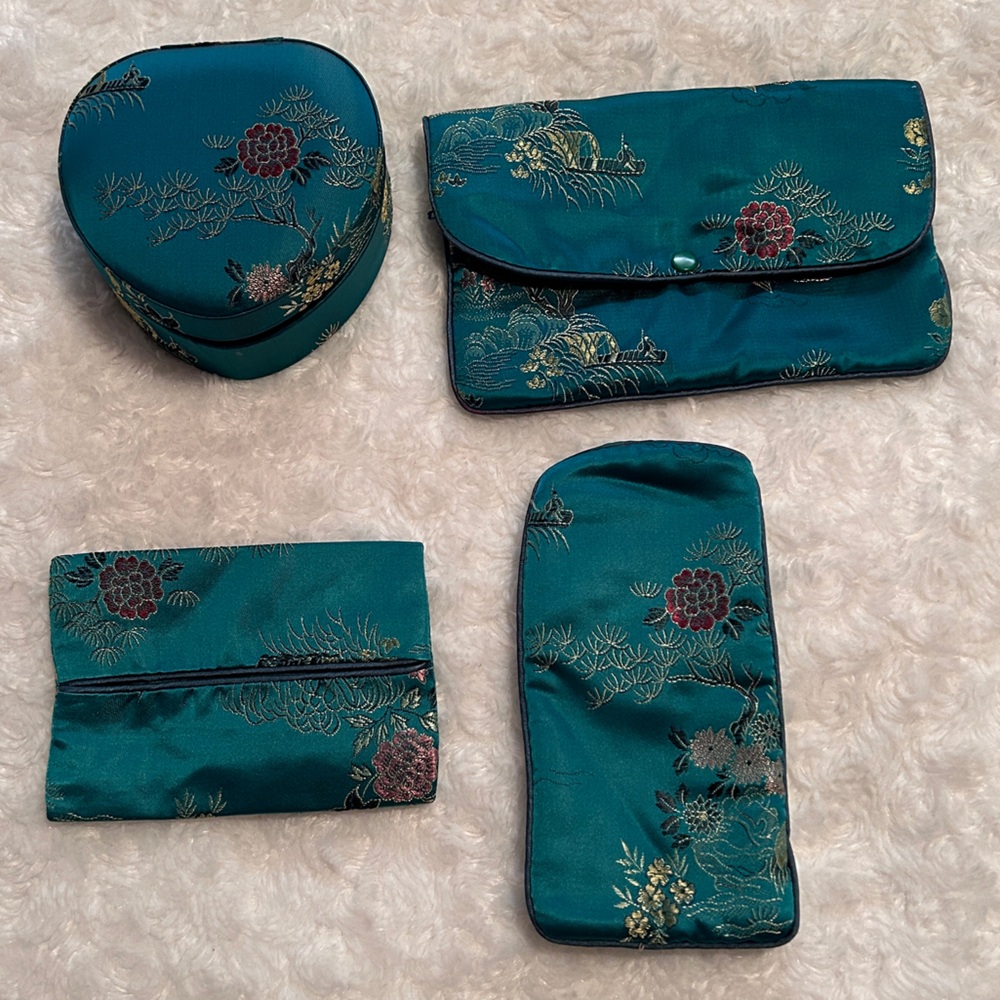 NWOT Vintage Peony Asian Green Silk Satin Brocade 4 piece Set